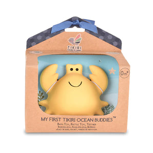 Organic rubber crab toy by Tikiri Toys LLC, in a box with blue ribbon. Suitable for 0+ months. Labeled My First Tikiri Ocean Buddies.