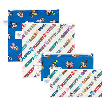 Bumkins Reusable Snack Bag 4 Pack: Disney Mickey & Friends Crew—2 blue waterproof bags with character faces, 2 white with colorful names.