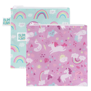 Bumkins Reusable Snack Bag, Large 2-Pack: Rainbows & Unicorns includes two waterproof pouches in blue and purple with colorful designs.