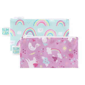 Bumkins Reusable Snack Bag, Small 2-Pack: Rainbows & Unicorns includes 2 waterproof pouches; blue with rainbows, & purple with unicorns.