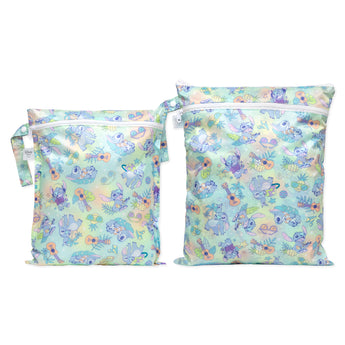 Bumkins Wet Bag + Wet/Dry Bag Set: Aloha Stitch includes two pastel waterproof bags with tropical Stitch illustrations and zipper closures.