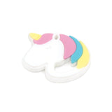 Bumkins Silicone Teether: Unicorn is a unicorn-shaped teether made of food-safe white, pink, blue, and yellow silicone.